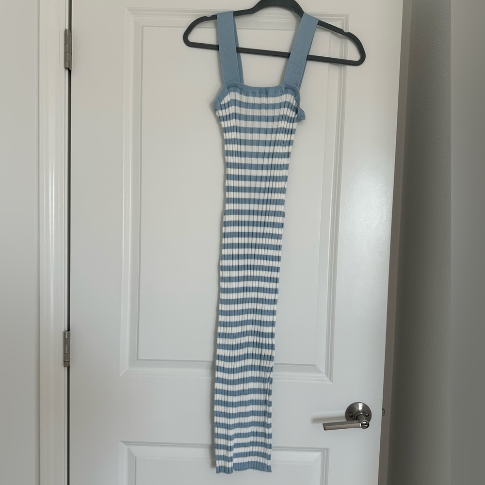 Blue and white striped midi dress